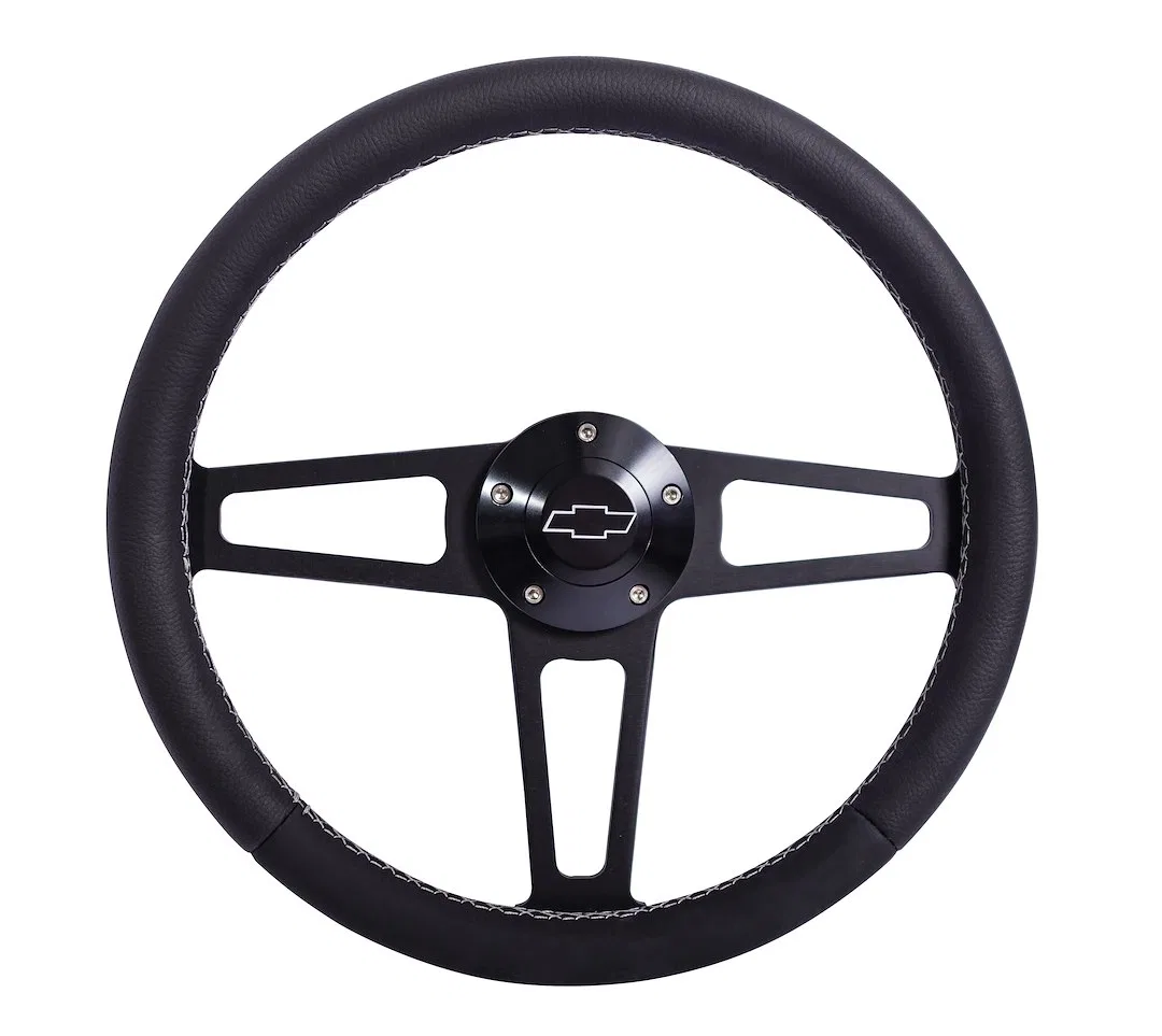 1916-2 – GRANT Steering Wheel, 14 Inch Diameter 3 Spoke Black Leather Grip Black Spoke With Chevrolet Logo And Instal...